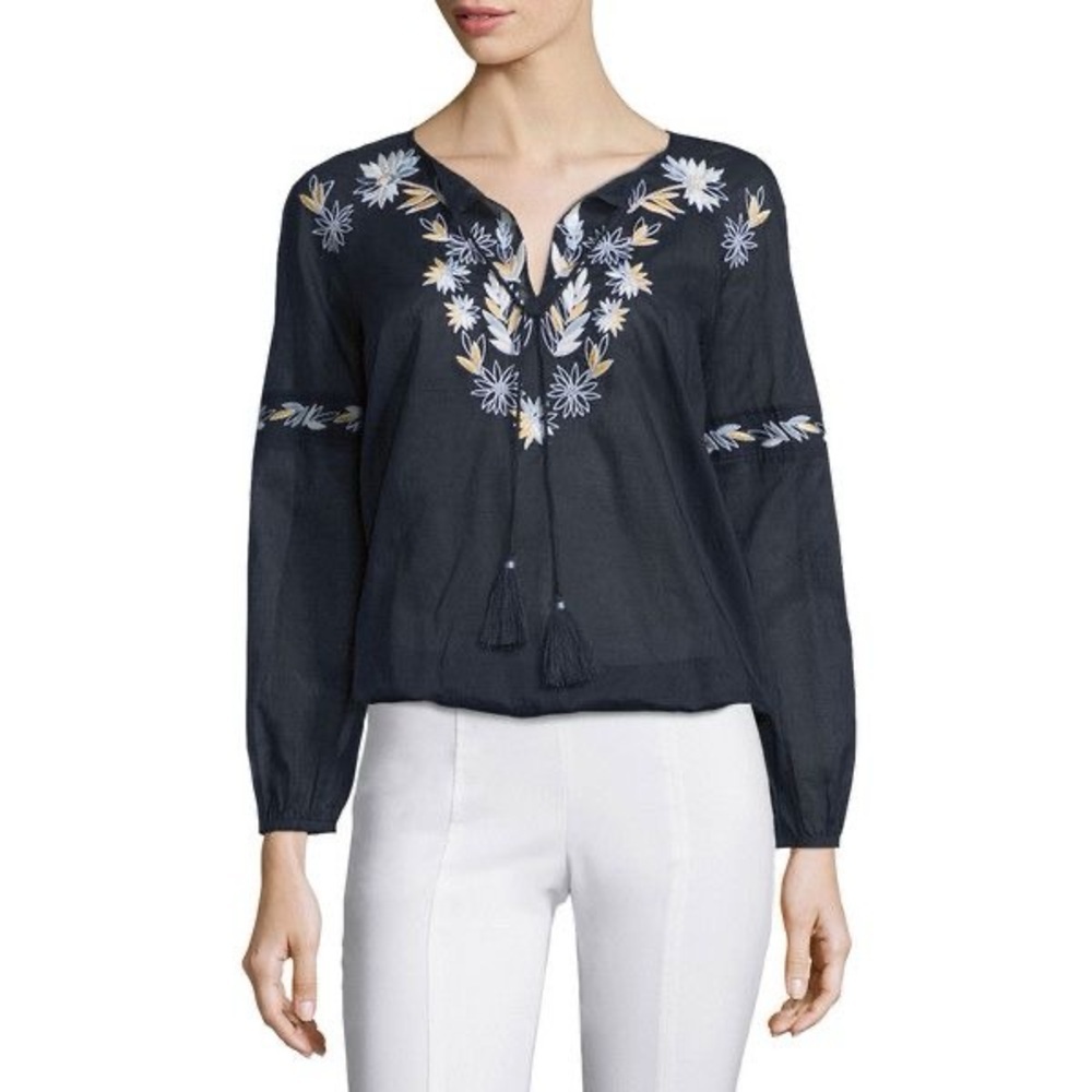 Tory Burch Cotton Poplin Split Neck Embroidered Peasant Top Navy Size 8 Boho - Picture 3 of 10